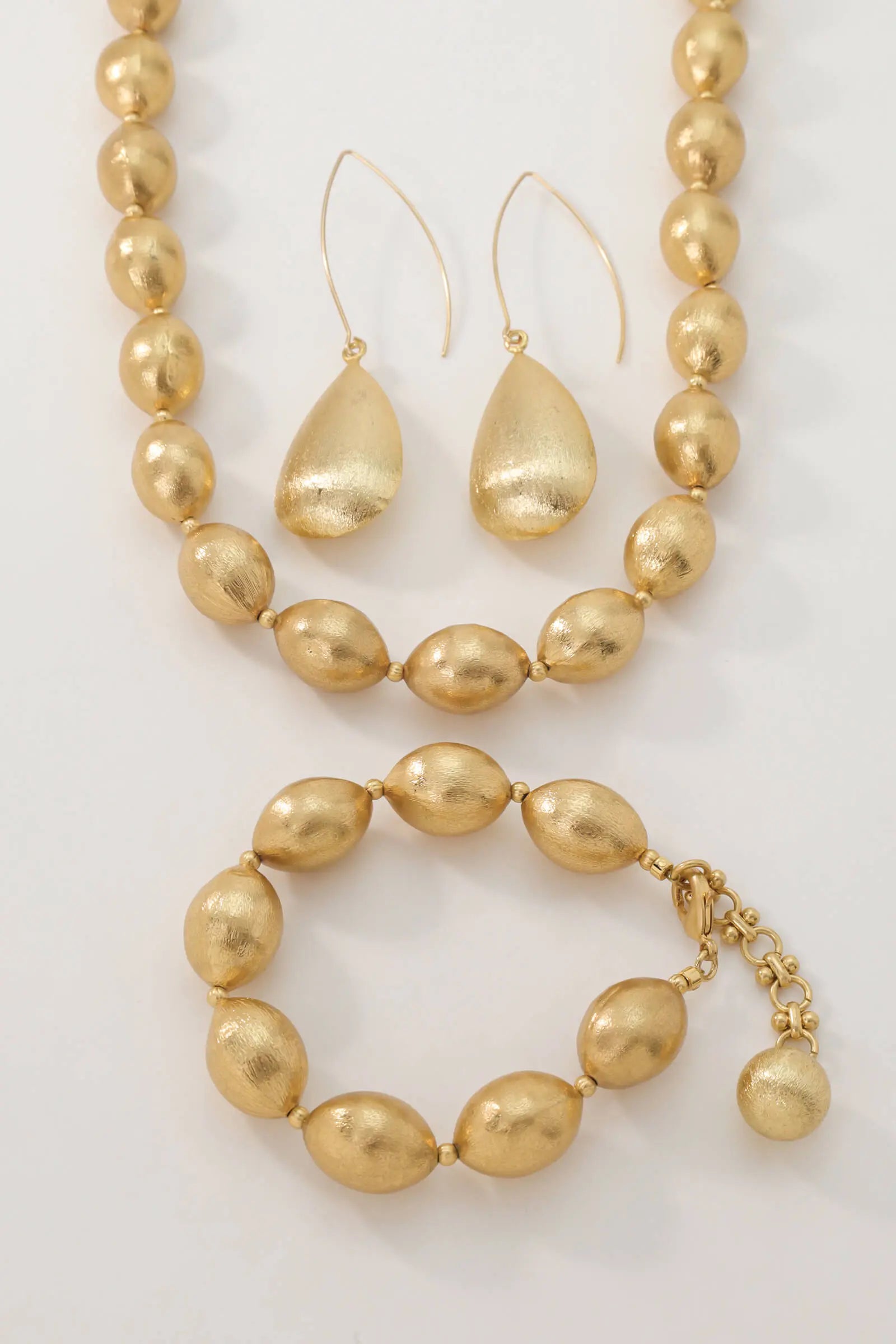 Queen Jewelry Set Gold-Plated Brass Necklace Earrings & Bracelet Elegant Brushed Olive Bead Design Minimalist & Chic All-Glows