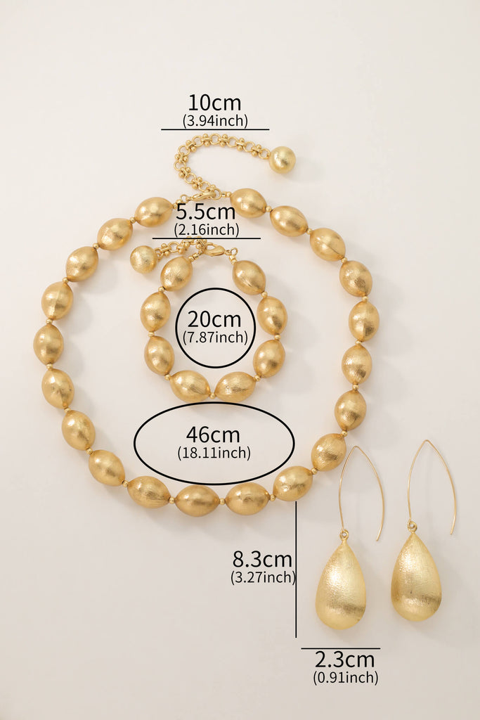 Queen Jewelry Set Gold-Plated Brass Necklace Earrings & Bracelet Elegant Brushed Olive Bead Design Minimalist & Chic All-Glows