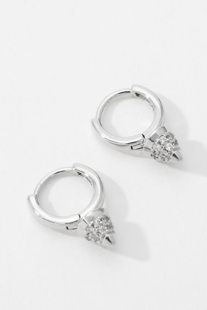 Reverie Earring Huggie: 18K Platinum-Plated Brass with Zirconia-Encrusted Cone Charm All-Glows