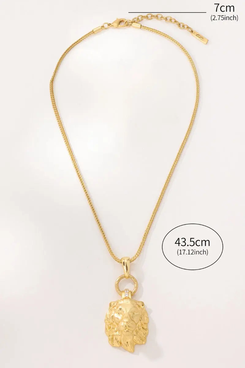 Safari Collection – Fierce Lion Head Necklace – 18K Gold-Plated Brass Foxtail Chain Pendant All-Glows