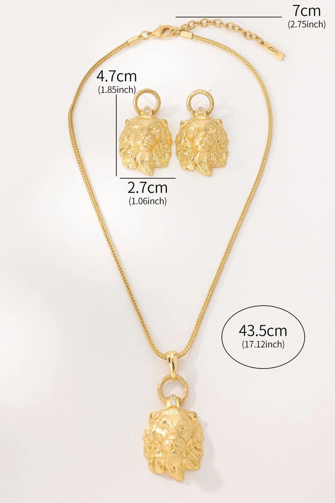 Safari Collection: Bold Lion Head Necklace & Earring Set – 18K Gold-Plated Brass for Timeless Power All-Glows