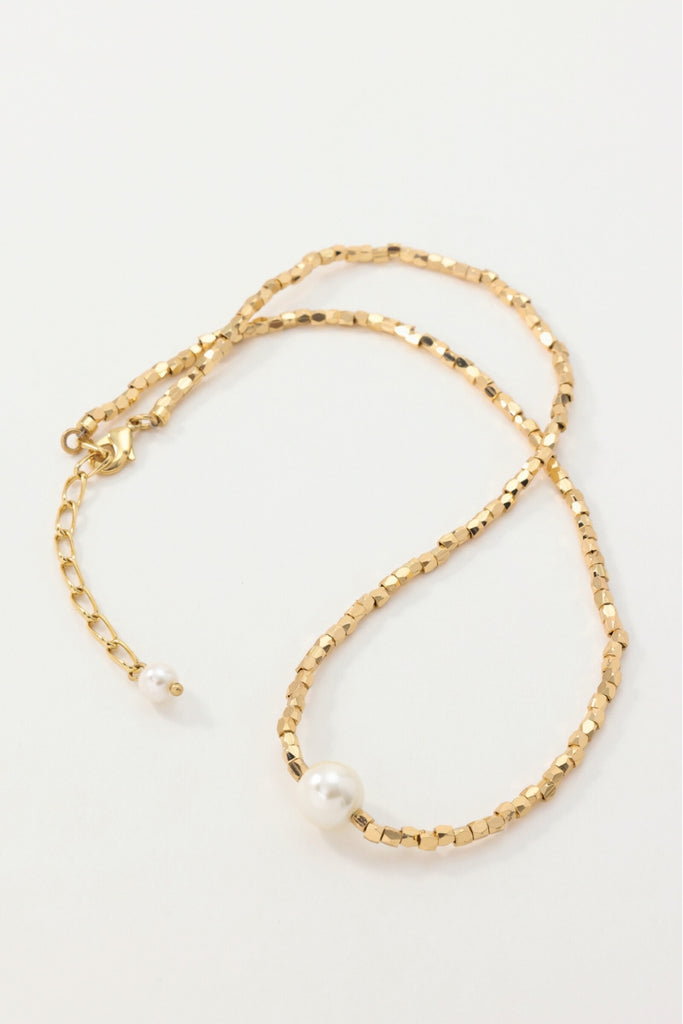 Sand Cubic Beads Necklace - Stylish 18K Gold-Plated Brass with Faux Pearl Centerpiece - Modern Geometric Jewelry All-Glows