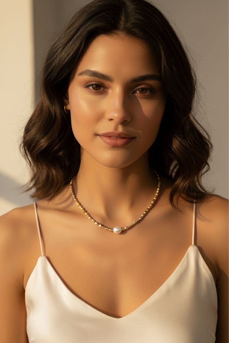 Model wearing 18K gold plated necklace with a pearl pendant.