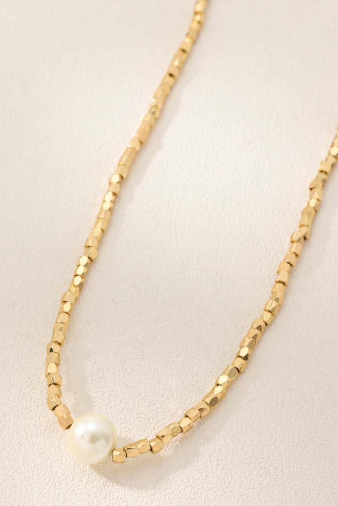 Sand Cubic Beads Necklace - Stylish 18K Gold-Plated Brass with Faux Pearl Centerpiece - Modern Geometric Jewelry All-Glows