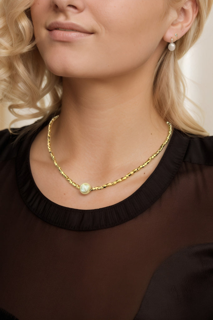 Sand Cubic Beads Necklace - Stylish 18K Gold-Plated Brass with Faux Pearl Centerpiece - Modern Geometric Jewelry All-Glows