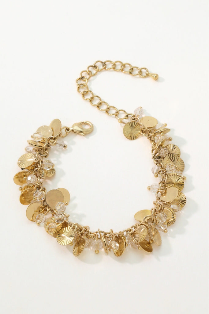 Shell Coin Bracelet: 18K Gold-Plated Brass with Laser-Cut Coins & Crystals All-Glows