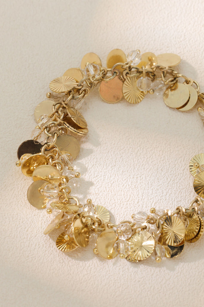 Shell Coin Bracelet: 18K Gold-Plated Brass with Laser-Cut Coins & Crystals All-Glows