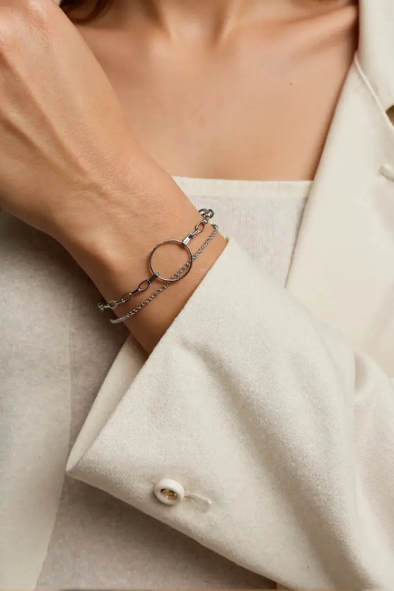 Spring Bracelet – Brass-Plated White Gold Tennis Bracelet with Large Round Link and Czech Crystals All-Glows