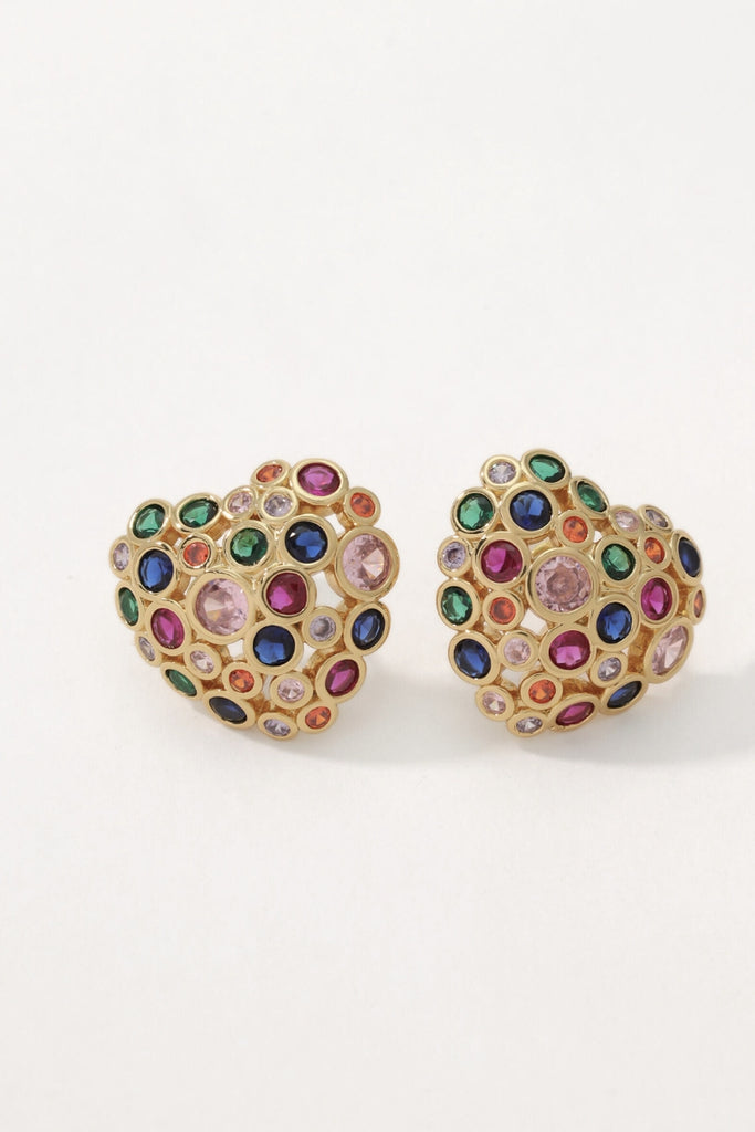 Starlight Heart Earrings – 18K Gold-Plated Brass with Multi-Color Zirconia Stones All-Glows