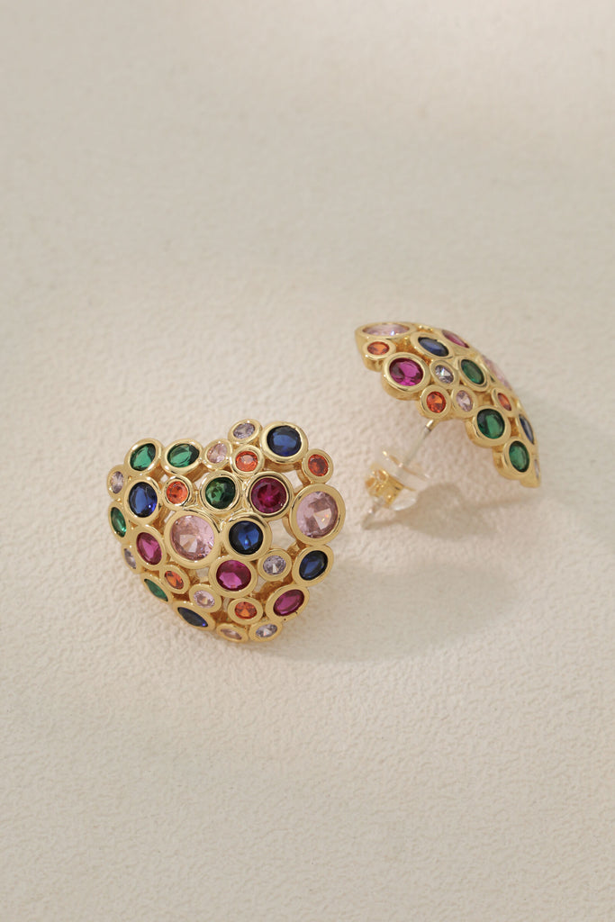 Starlight Heart Earrings – 18K Gold-Plated Brass with Multi-Color Zirconia Stones All-Glows