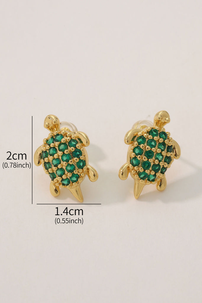 Turtle Earring Studs: 18K Gold-Plated Brass with Green Zirconia Turtle Design All-Glows