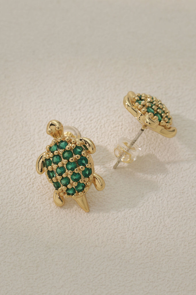 Turtle Earring Studs: 18K Gold-Plated Brass with Green Zirconia Turtle Design All-Glows