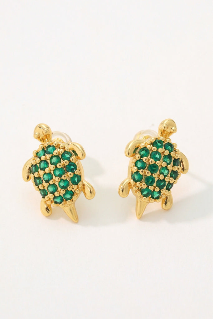 Turtle Earring Studs: 18K Gold-Plated Brass with Green Zirconia Turtle Design All-Glows