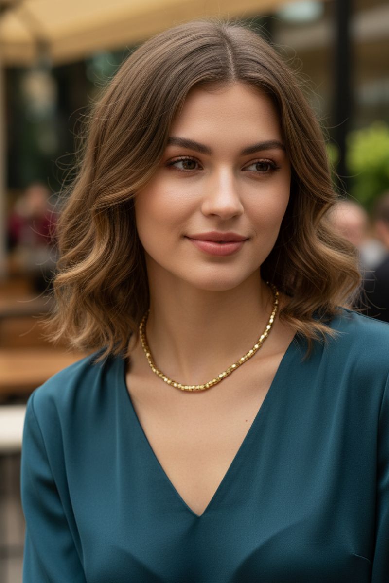 Model wearing 2026 trendy 18K gold plated cubic shape necklace.