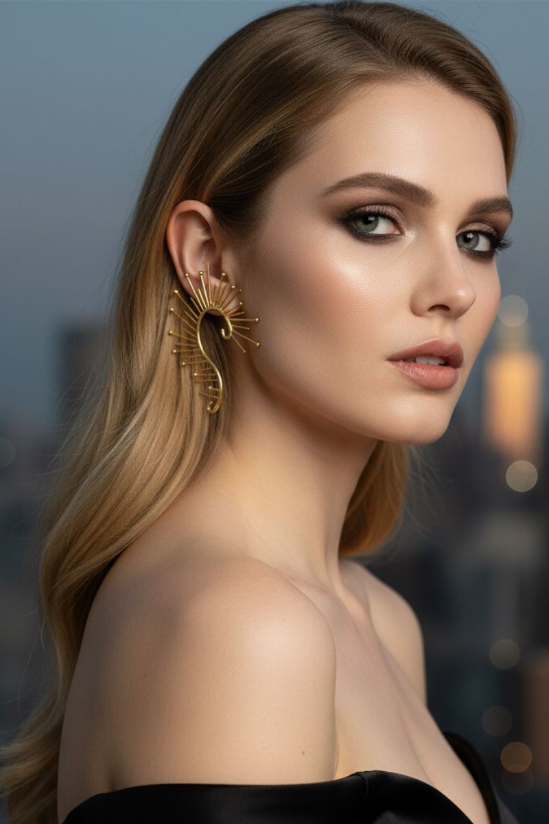 Model showcasing architectural sunburst ear crawlers against a blurred urban night background. Bold gold statement jewelry for a modern, sophisticated city style.