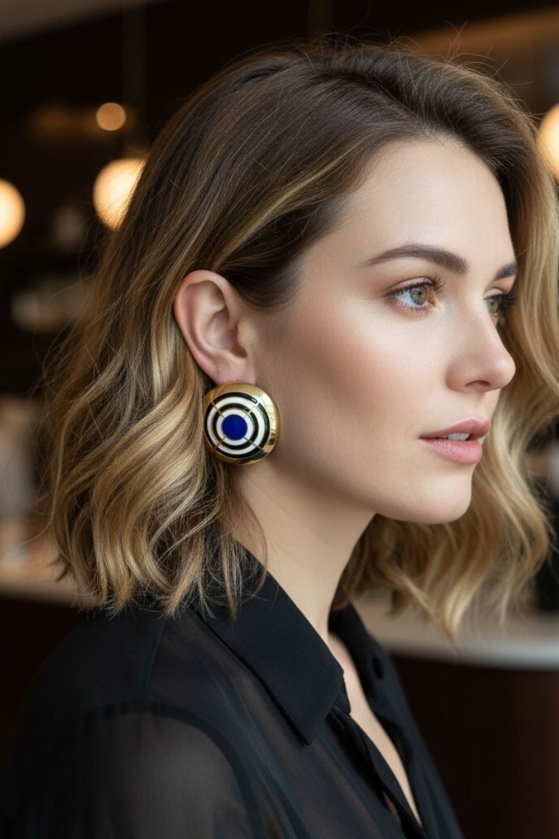 Side view of a model in a professional black blouse wearing architectural blue enamel statement studs. Modernist Art Deco inspired jewelry designed for a sophisticated office-to-evening transition.