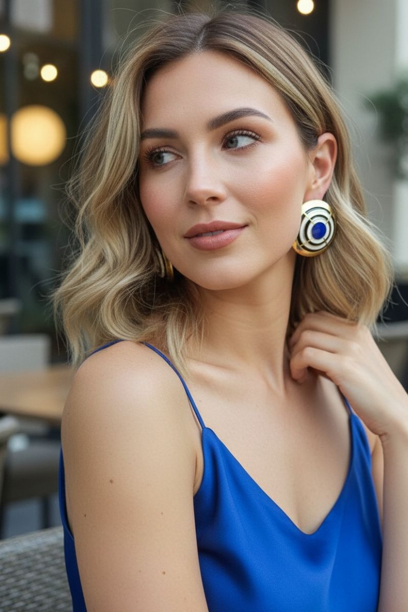 Model wearing All-Glows modernist cobalt blue enamel studs with a blue silk camisole. Vibrant architectural jewelry for a European summer chic or vacation look.