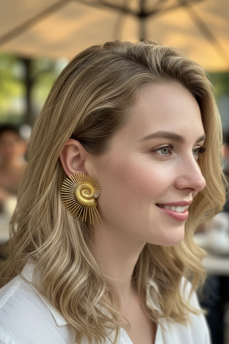 Side profile of a model wearing All-Glows Nautilus Spiral earrings in 18K gold plating. These architectural statement earrings are paired with a white linen shirt, demonstrating a sophisticated resort wear or corporate chic style.