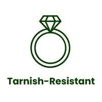 Green diamond ring trust badge icon showcasing tarnish-resistant and durable everyday 18K gold-plated brass jewelry pieces from the All-Glows modernist collection.