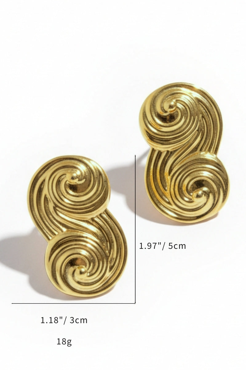 Size dimensions of Seraphina sculptural swirl gold earrings featuring an architectural infinity loop design for minimalist luxury.