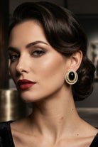 Model wearing black czech crystal halo stud earrings, view 3