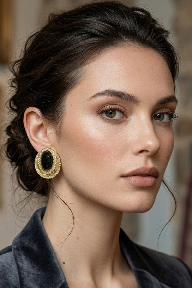 Model wearing black czech crystal halo stud earrings, view 4
