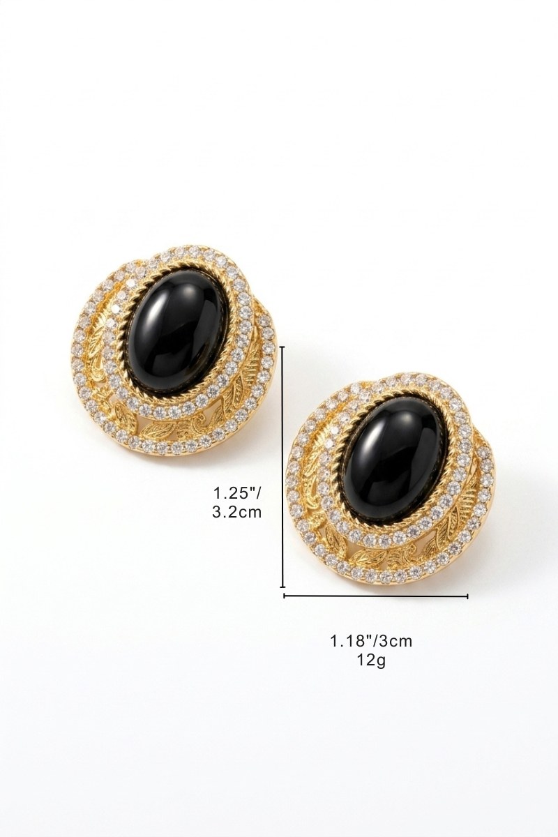 Size reference for black czech crystal halo stud earrings showing visible dimensions