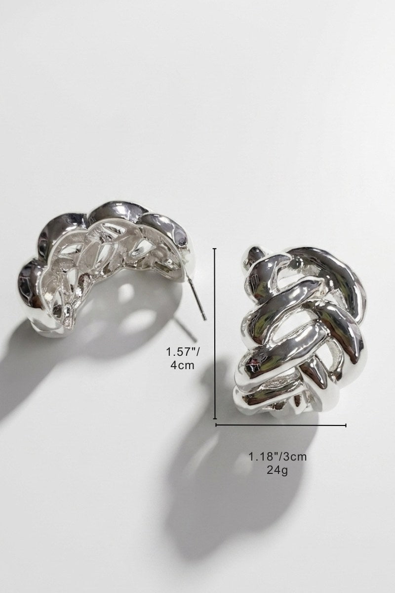Size reference for silver-tone braided earrings showing 4 cm height, 3 cm width, and 24 g weight