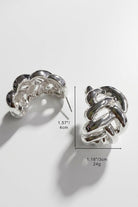 Size reference for braided liquid silver half-hoop earrings showing visible dimensions