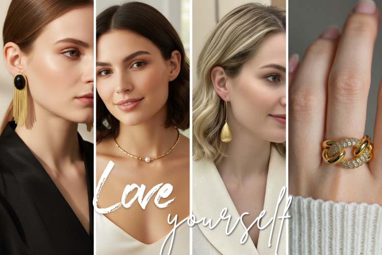 A collage for the 'Love Yourself' jewelry session, featuring a curated selection of everyday luxury pieces under $50. Includes black Liuli tassel earrings, a dainty pearl necklace, matte gold teardrop earrings, and a gold pavé link ring. White 'Love yourself' script overlay.