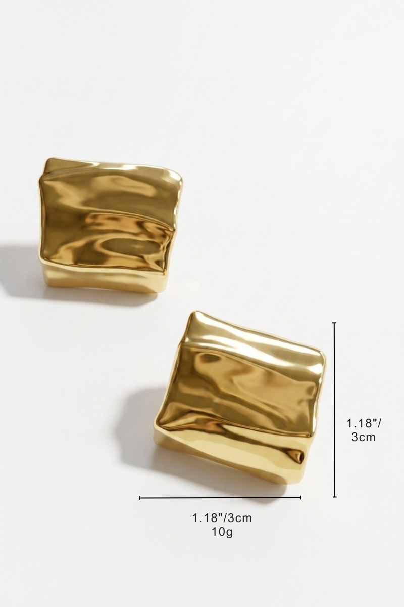 Size reference for crinkled gold square statement studs showing visible dimensions
