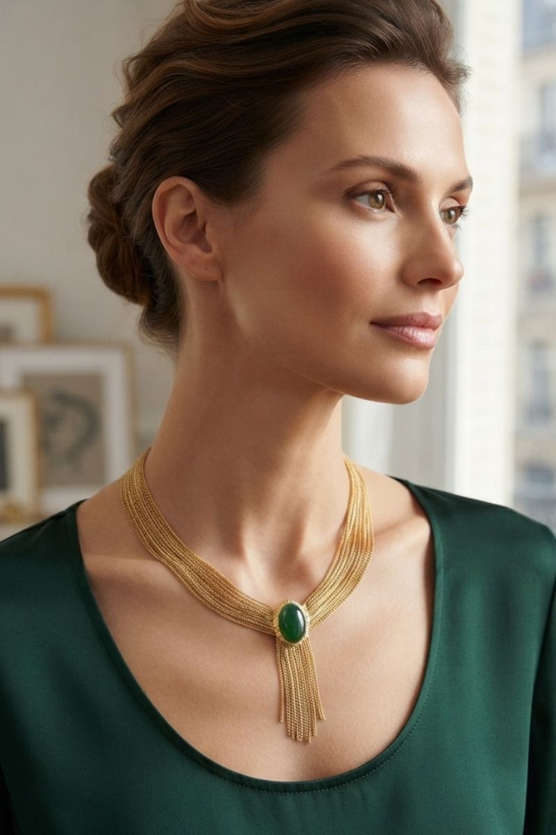 Model wearing Eclipse green synthetic crystal statement necklace with 18K gold-plated brass fringe chains