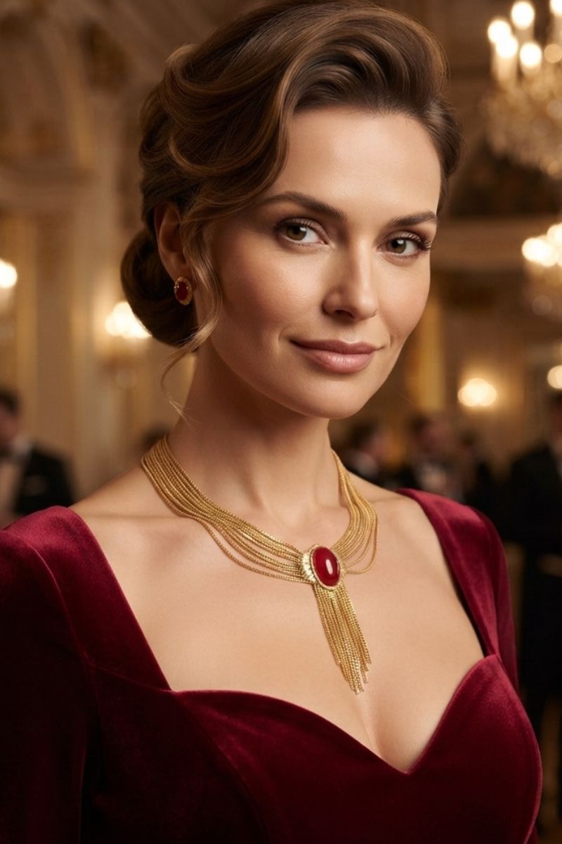 Eclipse red crystal statement necklace styled with a red velvet evening dress