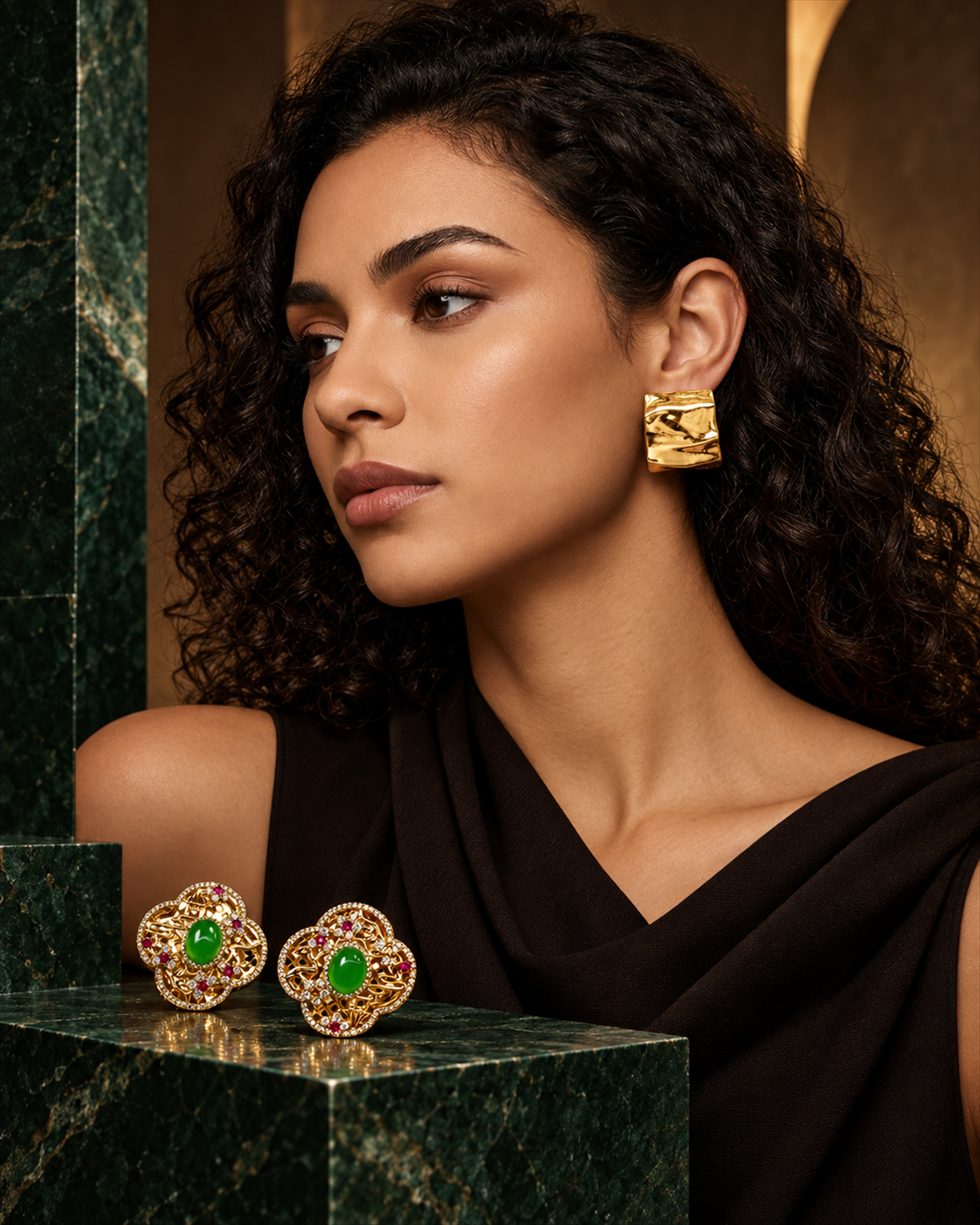 Crinkled gold earrings and green crystal quatrefoil earrings styled for autumn