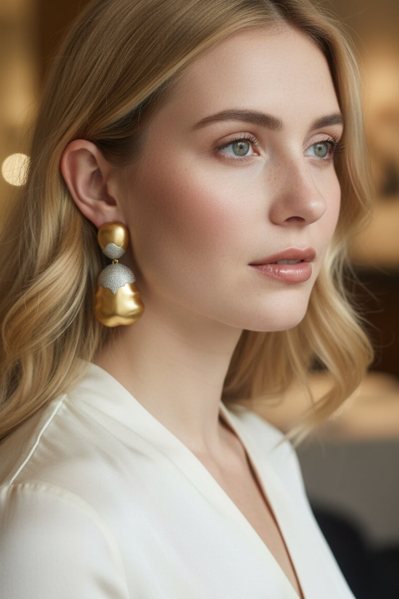 Close-up of high-quality two-tone frosted metal earrings paired with a white silk blouse, embodying the quiet luxury aesthetic in the USA.
