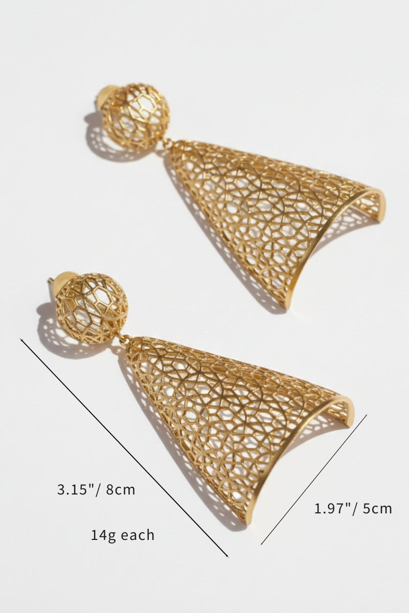 Two intricate, 18K gold-plated brass filigree cone earrings with ball posts are displayed on a white background with product measurements (3.15" / 8cm, 1.97" / 5cm) and weight (14g each) indicating their size and mass.