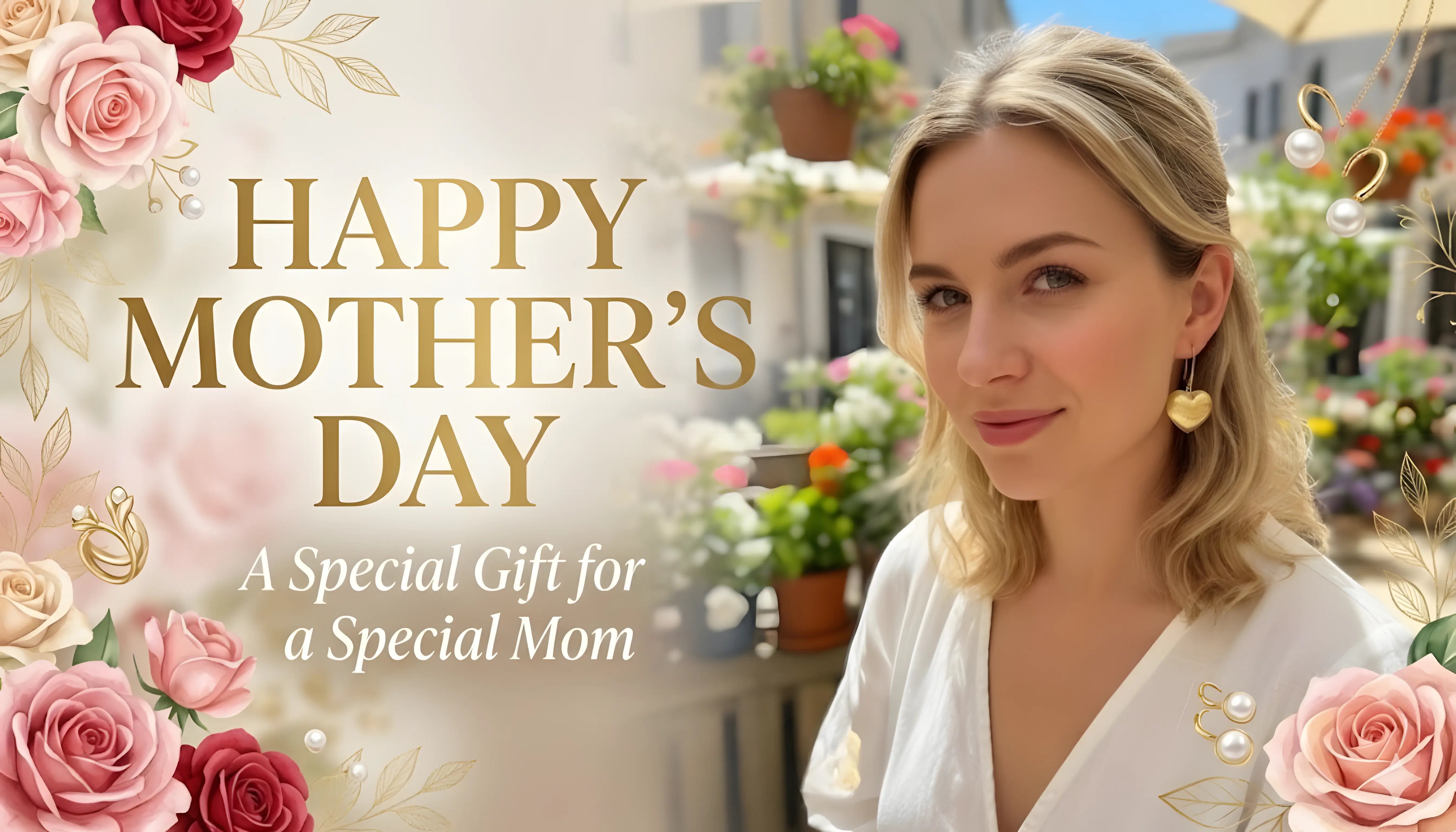 Elegant gold textured heart earrings worn by a smiling woman, perfect jewelry gift for Mother's Day, professional promotional banner with roses and 'Shop Now' button.