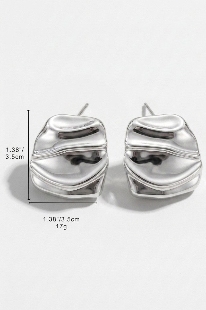 Size reference for liquid silver square statement stud earrings showing visible dimensions