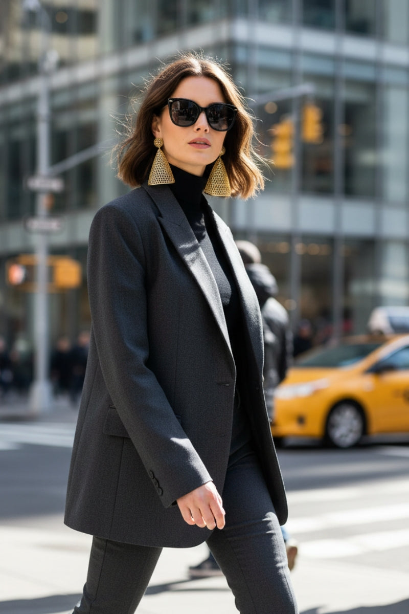 Street style photography in New York City featuring a woman in a grey blazer and sunglasses wearing bold gold lattice earrings.