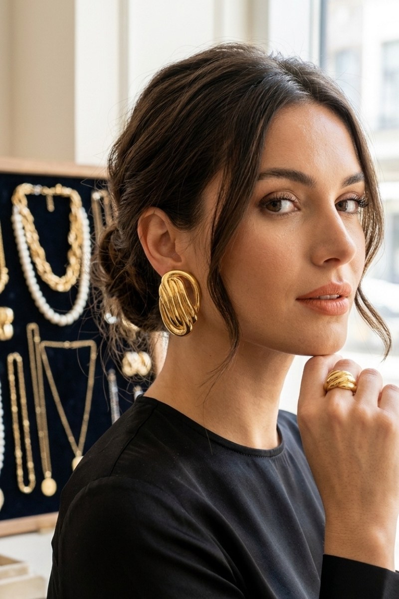 Model wearing sculptural oval knot statement stud earrings, view 2