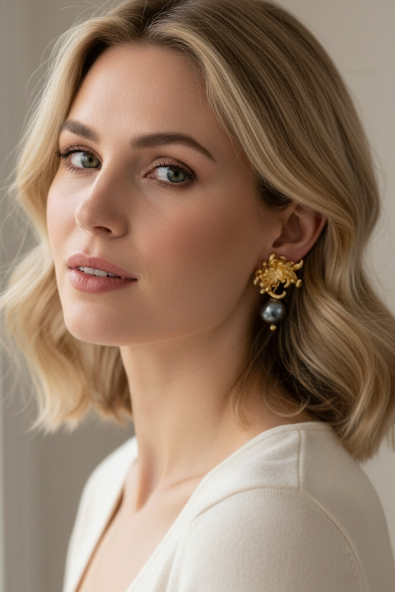 Studio portrait of a blonde woman wearing botanical textured gold studs with a grey-black pearl drop. Clean modern photography showcasing quiet luxury style jewelry paired with a minimalist white v-neck top.
