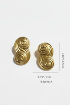 Detailed size specifications for Seraphina small gold earrings, measuring 1.38" long by 0.79" wide, weighing 8.9g each.