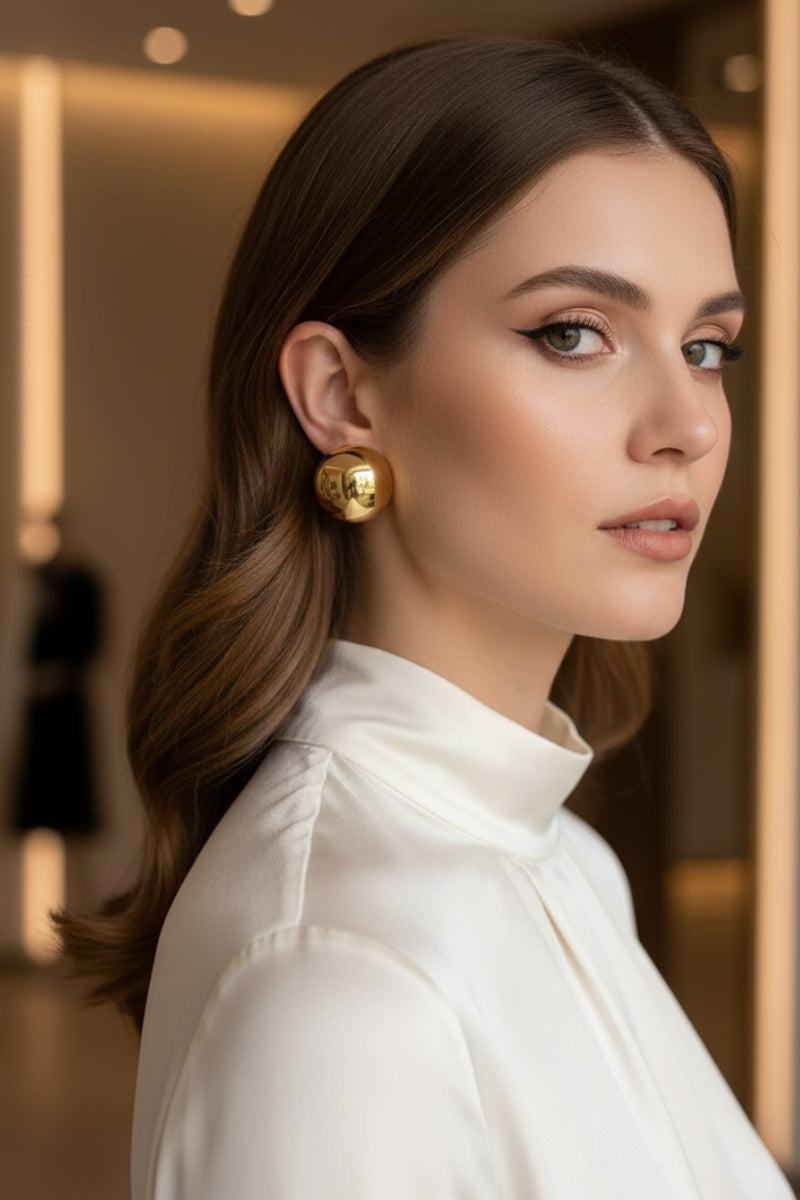 A modern woman with long wavy brown hair looking over her shoulder, styled in a high-neck white silk blouse. She is wearing the chunky gold Aura Sculpted Dome Stud earring, showcasing a sophisticated office-to-evening style statement.