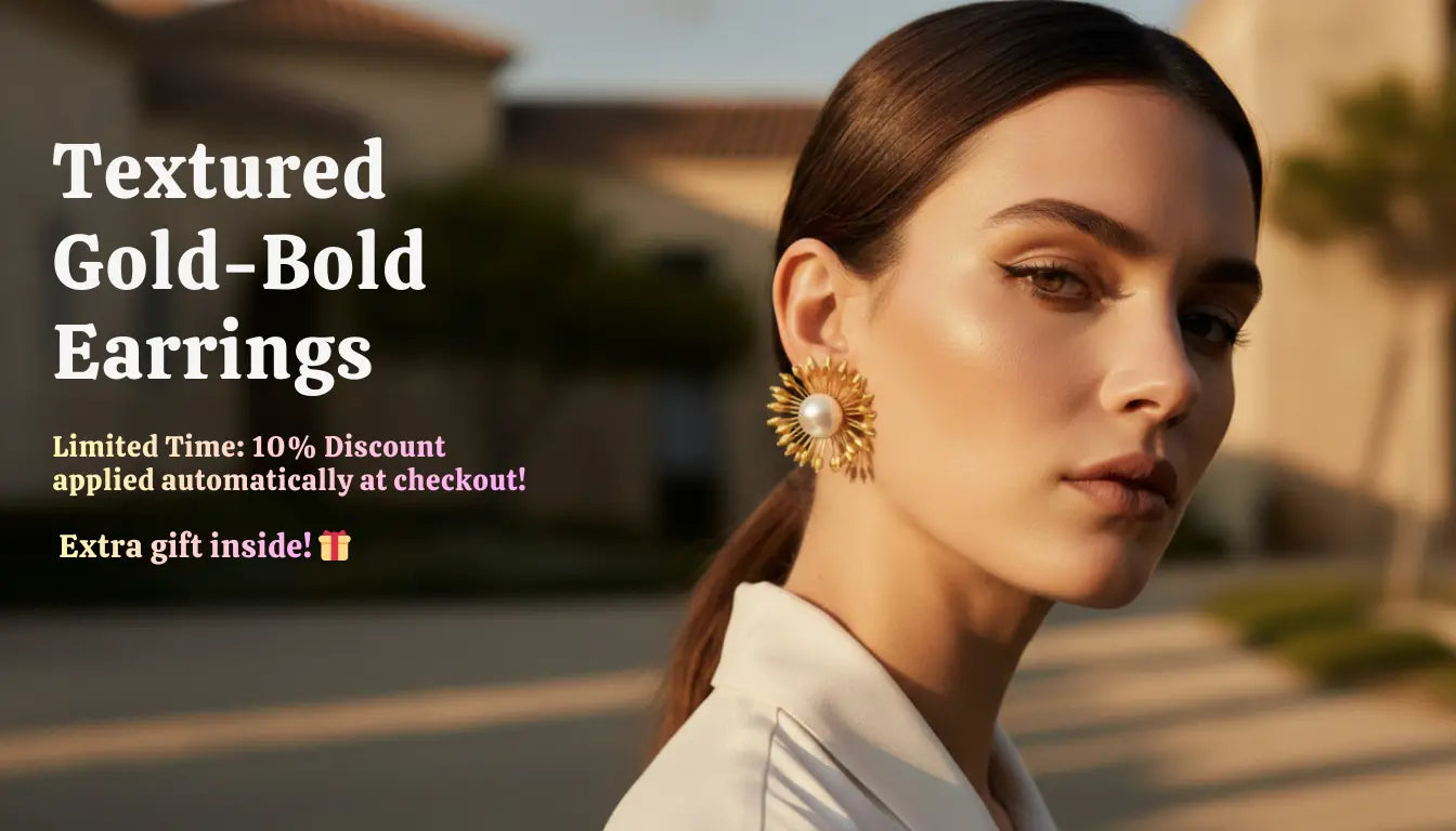 Woman wearing bold textured gold sunburst earrings with center pearl, 2026 sculptural jewelry trend for elegant evening wear.