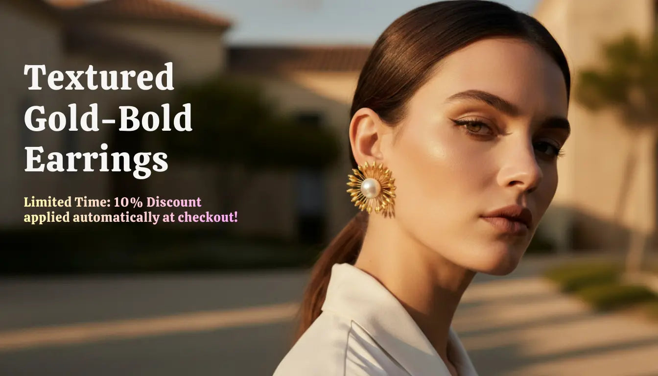 Woman wearing bold textured gold sunburst earrings with center pearl, 2026 sculptural jewelry trend for elegant evening wear.