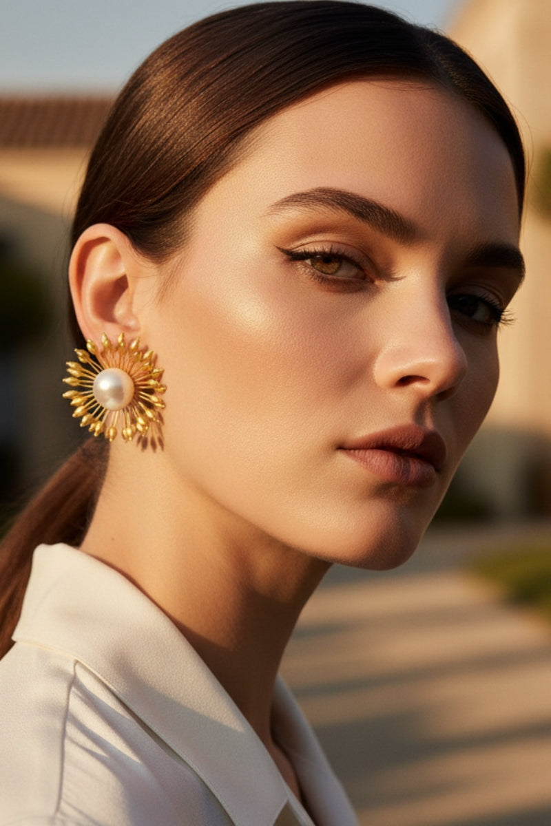 Elegant woman wearing vintage-style gold sunburst pearl earrings during golden hour outdoors.