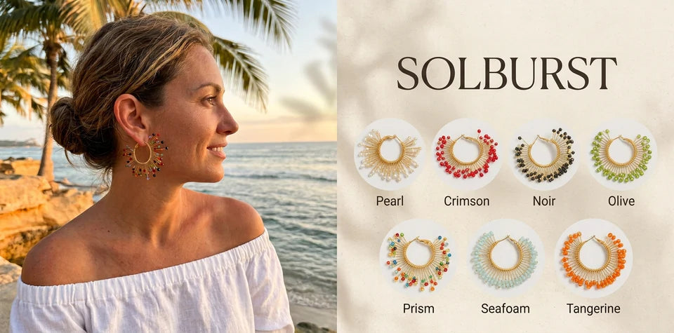Solburst wire-wrapped beaded sunburst hoop earrings in Pearl, Crimson, Noir, Olive, Prism, Seafoam and Tangerine
