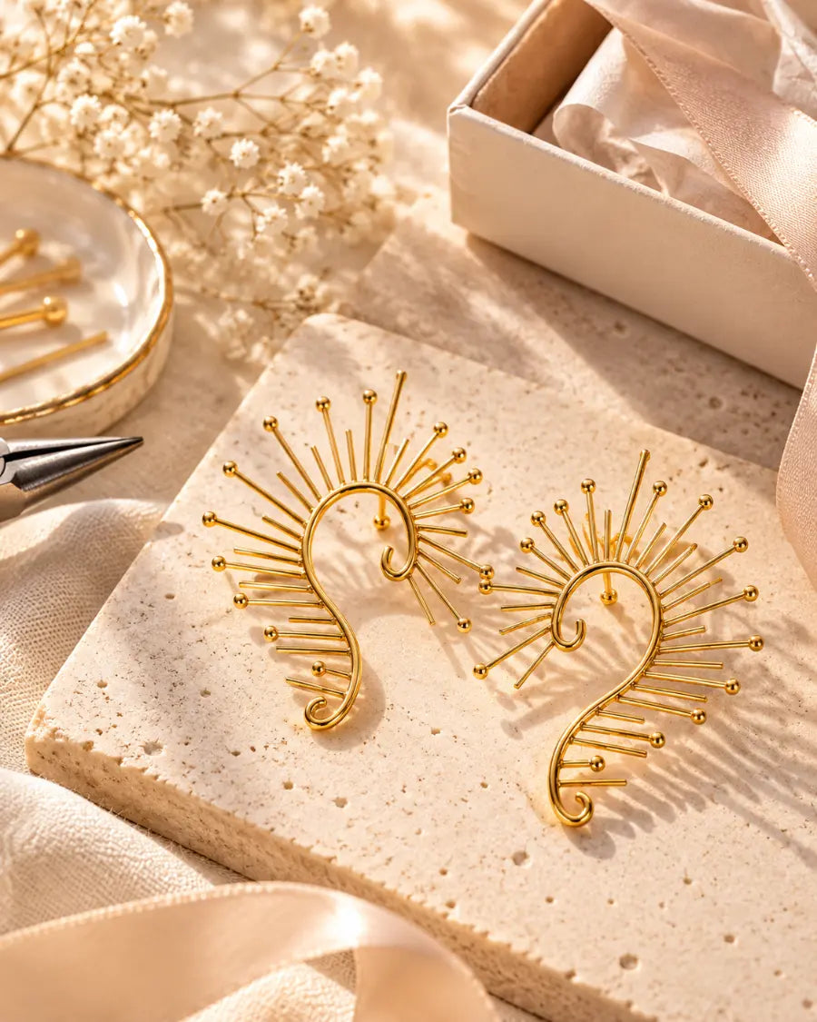 Gold-tone Sunburst Earrings arranged on a stone surface beside All-Glows packaging